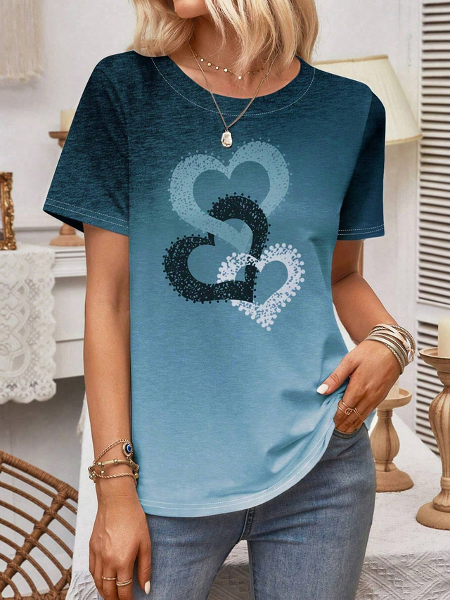  Women's T Shirt Heart Casual Short Sleeve Round Neck Regular Tops Daily Print Pink Blue Purple Summer