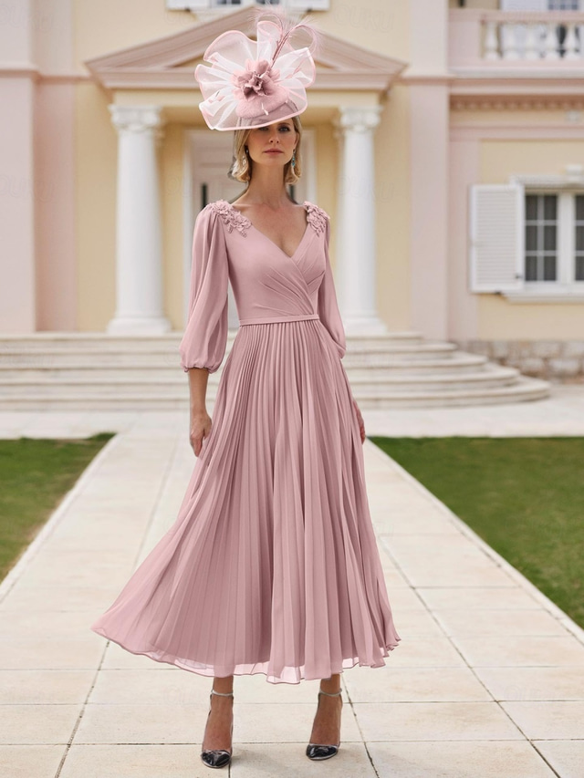  A-Line Dress Beach Wedding Mother of the Bride Dress Elegant V Neck Tea Length Long Chiffon 3/4 Length Sleeve with Lace Tier Solid Color 2025