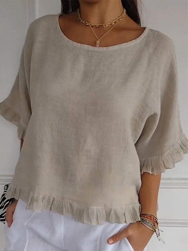  Women's Linen-Inspired Shirts T Shirt Plain Fashion Modern Casual Half Sleeve Crew Neck Regular Tops Daily Weekend Wine Blue Beige Summer Spring