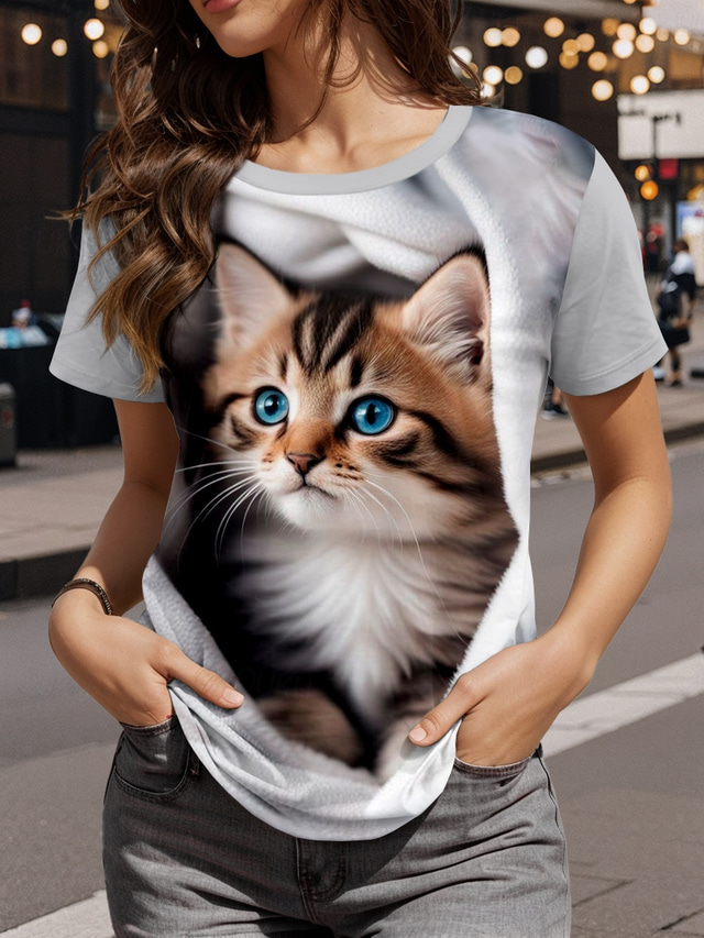  Women's T Shirt Cat Casual Short Sleeve Round Neck Regular Tops Daily Print Gray Summer