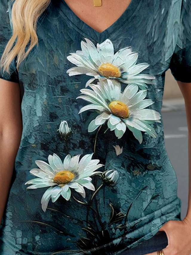  Women's T Shirt Floral Stylish Casual Short Sleeve V Neck Regular Tops Daily Print Blue Summer