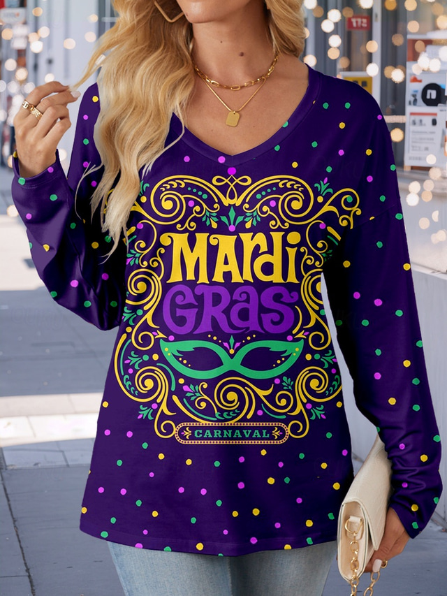  Carnival Women's T Shirt Graphic Casual Long Sleeve V Neck Long Tops Daily Weekend Print Purple Fall Winter