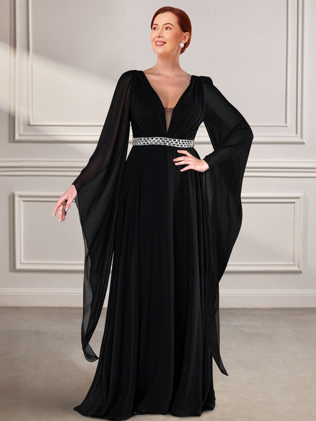  A-Line Dress Mother of the Bride Dress Elegant Party V Neck Floor Length Chiffon Long Sleeve with Lace Solid Color