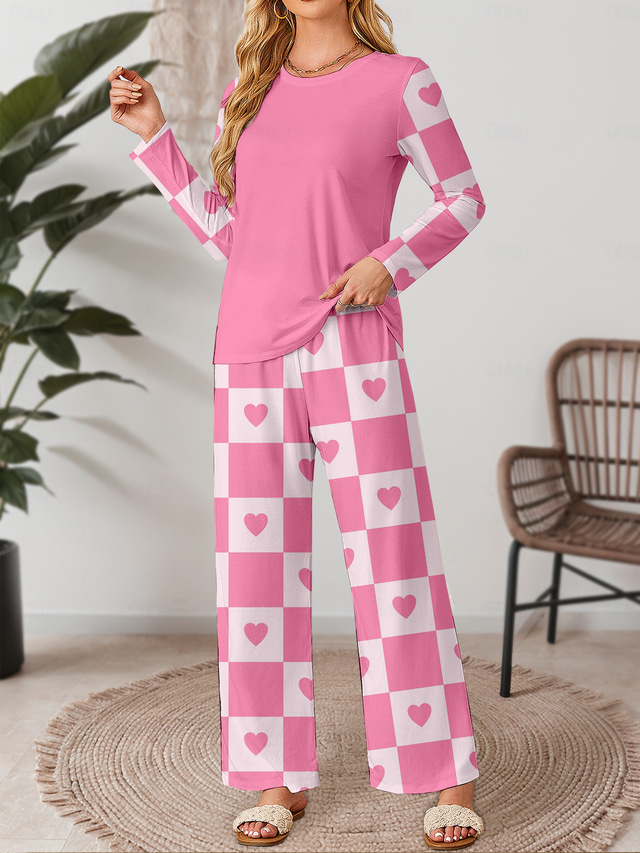  Valentine Women's Pajama Set Casual Comfort Comfrt Heart Grid / Plaid T Shirt Pant Home Valentine's Day Daily Long Sleeve Crew Neck Pink Spring Fall Winter
