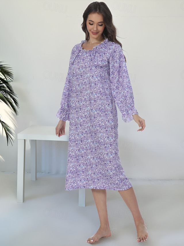  Women's Normal Midi Dress Casual Dress Elegant Dress Elegant Cute Casual Flared Sleeve Vacation Home Daily Loose Fit Ditsy Floral Long Sleeve Boat Neck Purple Summer Spring Fall