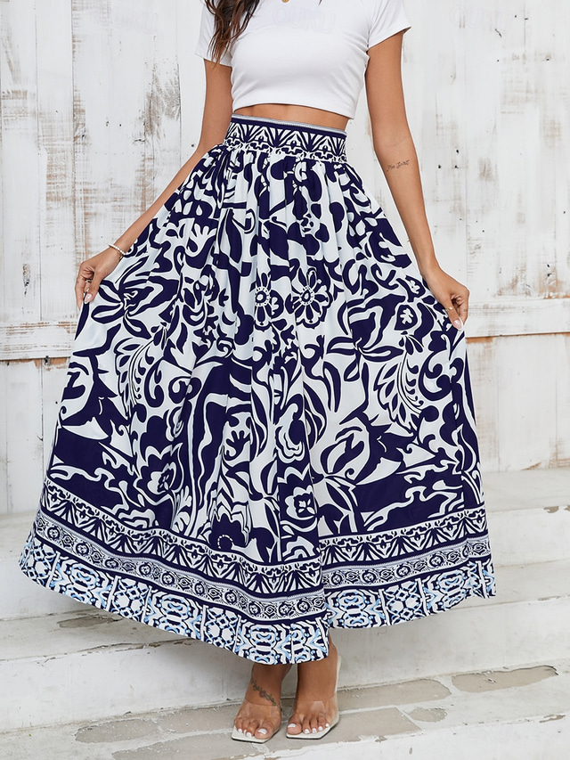  Women's Swing Long Skirt Bohemia Fashion coastal grandma style Boho Maxi High Waist Skirts Floral Graphic Print Inelastic Vacation Party Navy Spring & Summer Polyester