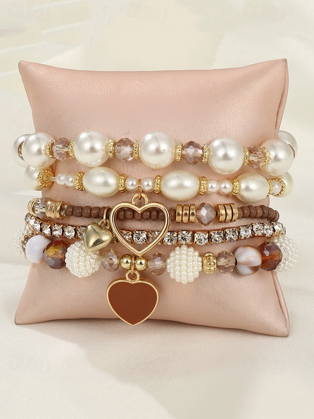  Women's Beaded Charm Bracelet Set with Heart Pendant, Faux Pearl and Crystal Accents, Layered Boho Style Jewelry for Casual and Party Wear