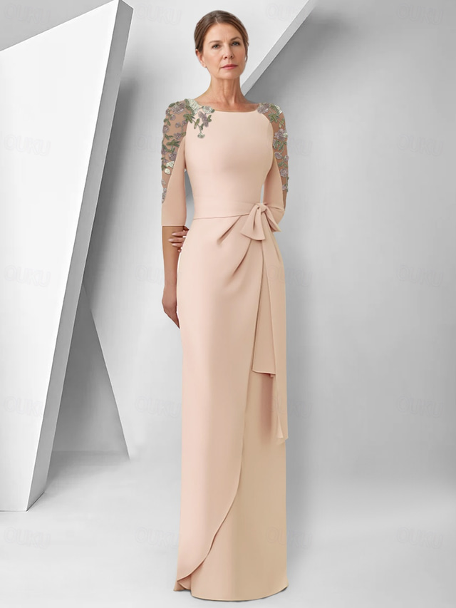  Sheath / Column Dress Mother of the Bride Dress Elegant Jewel Neck Floor Length Stretch Fabric 3/4 Length Sleeve with Lace Embroidery Appliques 2024