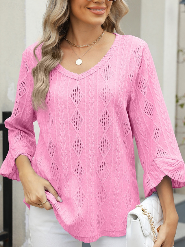  Women's Shirt Blouse Solid Color Basic Casual 3/4 Length Sleeve V Neck Regular Tops Daily Eyelet Pink Blue Green Spring Fall