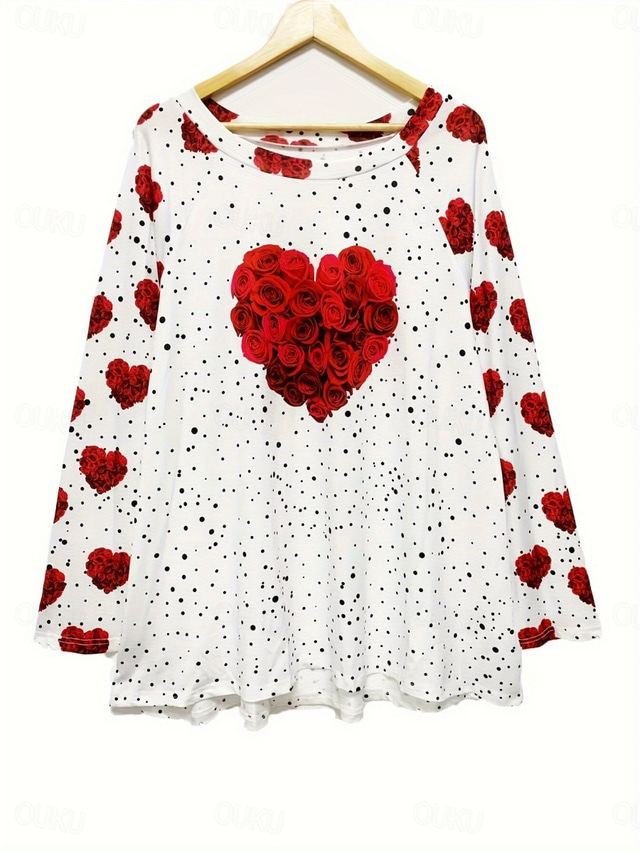  Valentine Women's Heart T Shirt Cute Red Tee Casual Rose Long Tops Long Sleeve Crew Neck Print Regular Fit Valentine's Day Daily White Fall Winter