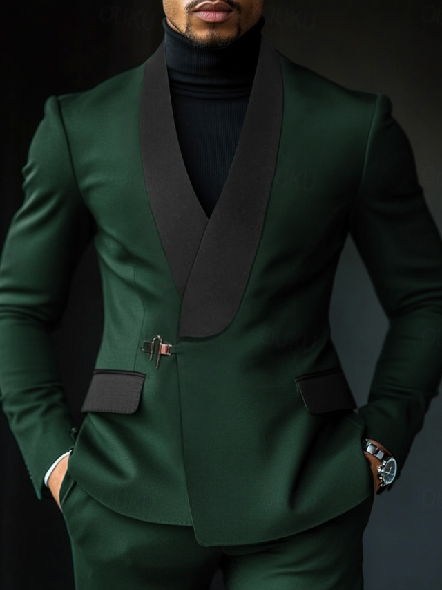 Men's Party Business Suits Dark Green Solid Colored 2 Piece Fashion 