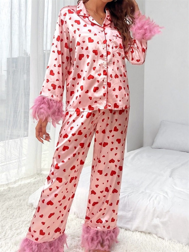  Women's Pajama Set Casual Comfort Heart Elastic Waist Shirt Pant Home Valentine's Day Daily Long Sleeve Shirt Collar Pink Summer Spring Fall Loose Fit