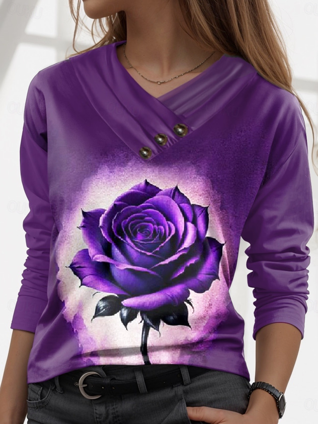  Valentinstag Damen Rose T-Shirt Regulär Oberteile Langarm V-Ausschnitt Knöpfe Druck Regulär Fit Alltag Stylisch Lässig Rosa Lila Herbst Winter
