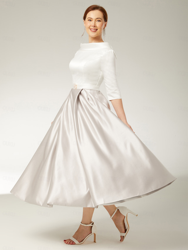  A-Line Mother of the Bride Dress Elegant Vintage Jewel Neck Floor Length Charmeuse Half Sleeve with Pleats Crystals 2025