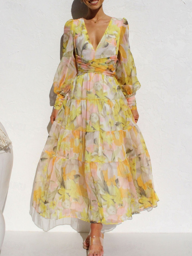  Women's Maxi Dress Casual Dress Swing Dress A Line Dress Casual Daily Regular Fit Floral Long Sleeve V Neck Yellow Orange Green Summer Spring Fall