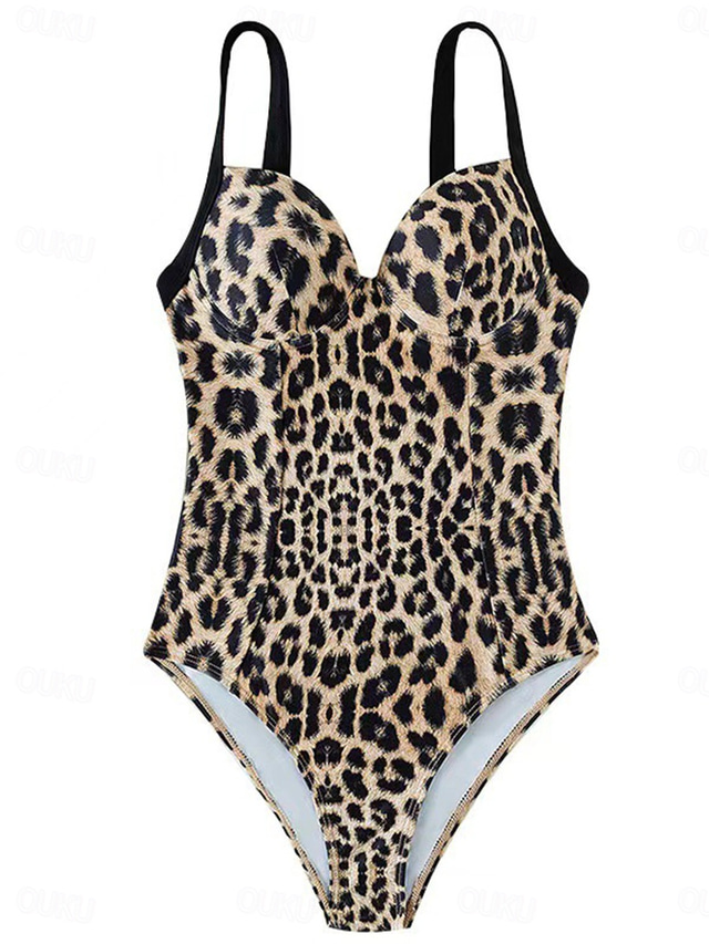  Women's Swimwear One Piece Swimsuit Backless Patchwork Vintage Sexy Leopard Sleeveless Bathing Suits