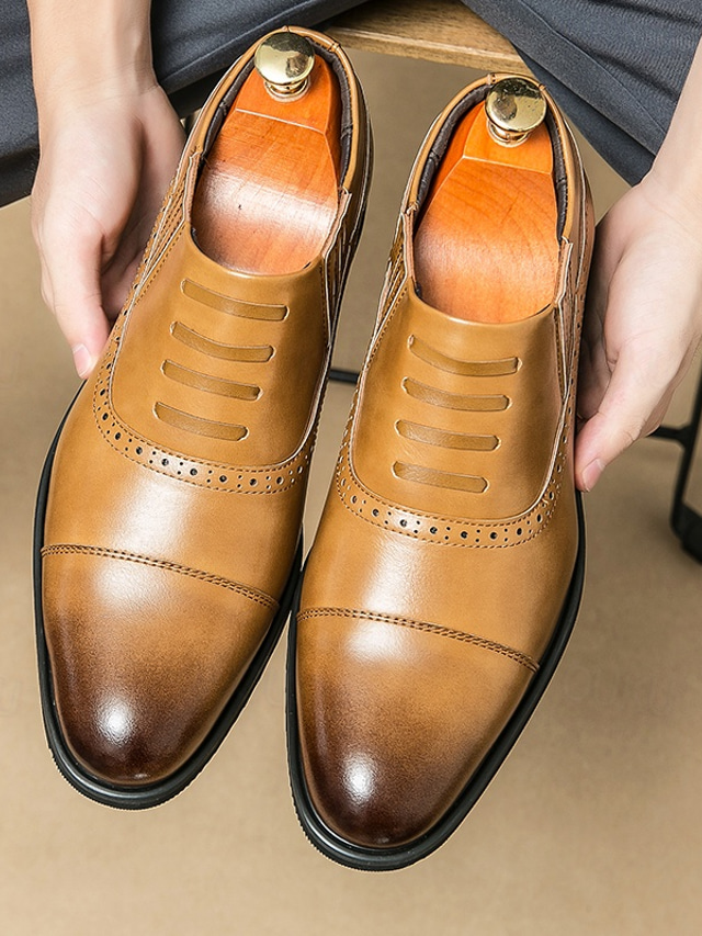  Men's Tan Faux Leather Slip-On Dress Shoes – Elegant Brogue Detailing for Formal Events and Business Wear