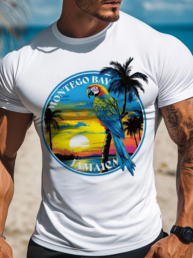  Men's Coconut Tree Parrot Funny Hawaiian T Shirt Tee Top 100% Cotton Short Sleeve Graphic Shirt White Comfortable Tee Vacation Street Fashion Designer Clothing