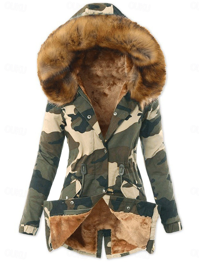  Women's Fleece Jacket Teddy Coat Hoodie Jacket Warm Breathable Buttons Pocket Print Fleece Lined Casual Camo Vacation Street Daily Wear Going out Single Breasted Regular Hoodie Regular Fit Long Sleeve