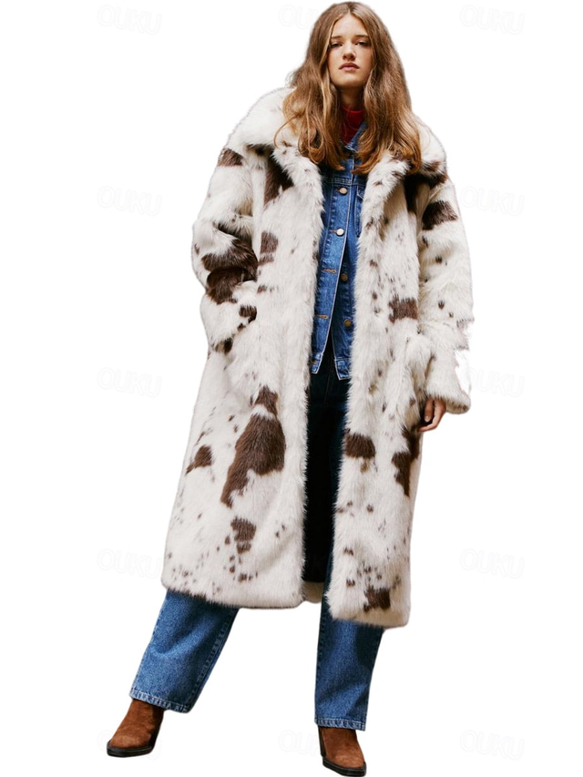  Women's Faux Fur Coat Warm Comfortable Knitting Elegant Fashion Daily Sweet Cow Print Casual Daily Wear Going out Casual Daily Single Breasted Long Lapel Loose Fit Long Sleeve Outerwear Black And