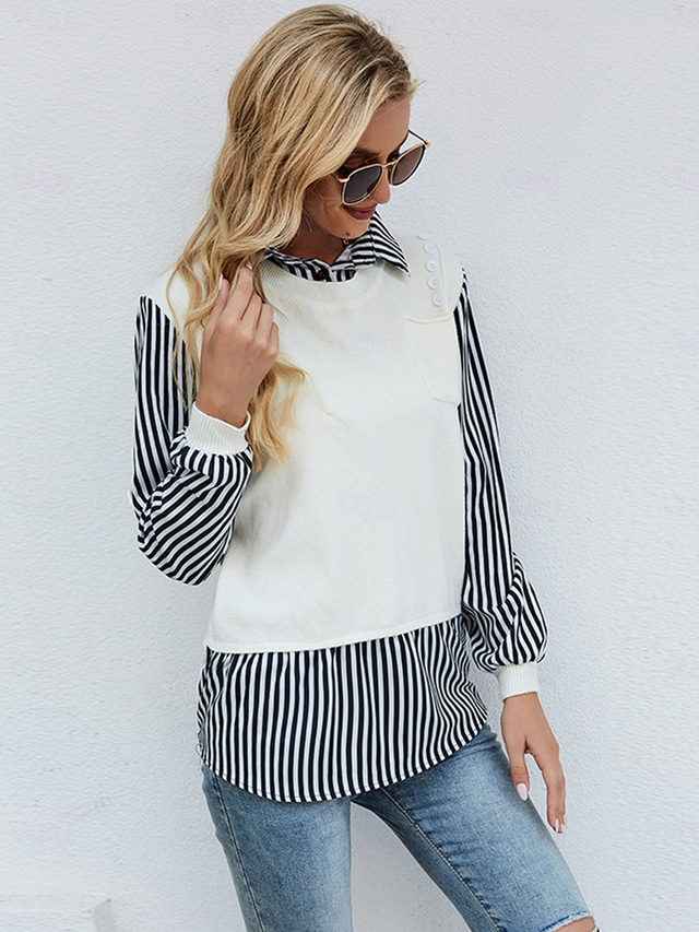  Women's Cotton Linen Shirt Boho Shirt Striped Casual Boho Long Sleeve Bishop Sleeve Shirt Collar Regular Tops Valentine's Day Work Daily Crochet White Spring, Fall, Winter, Summer