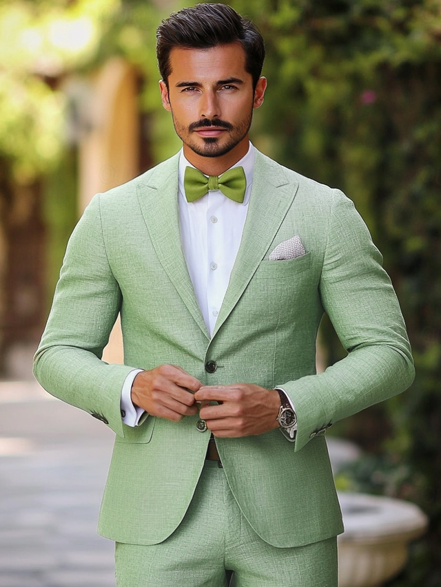  Men's Party Wedding Linen Suits Sage Solid Colored Standard Fit 2 Piece Single Breasted Two-buttons