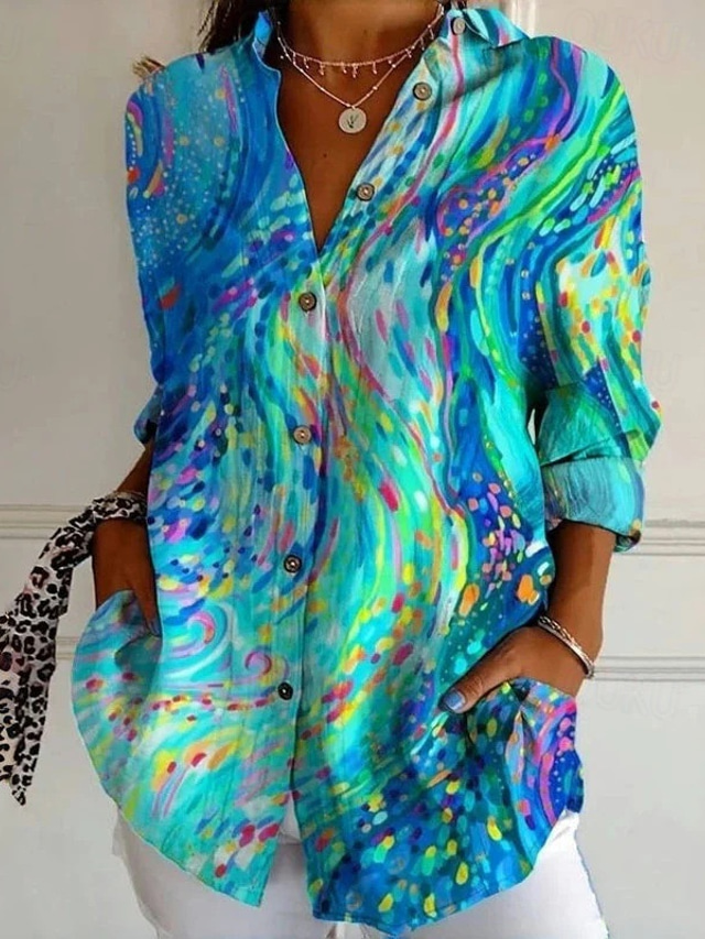  Women's Hawaiian Shirts Flowy Tops Vintage Casual Graphic Geometric Long Tops Long Sleeve Shirt Collar Patchwork Buttons Print Form Fit Vacation Work Daily Light Blue Summer Holiday Clothes