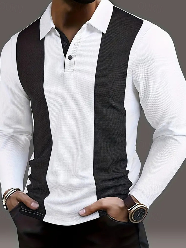  Men's Waffle Polo Shirts Golf Shirt Work Casual Lapel Long Sleeve Basic Modern Color Block Patchwork Buttons Spring &  Fall Regular Fit White Waffle Polo Shirts