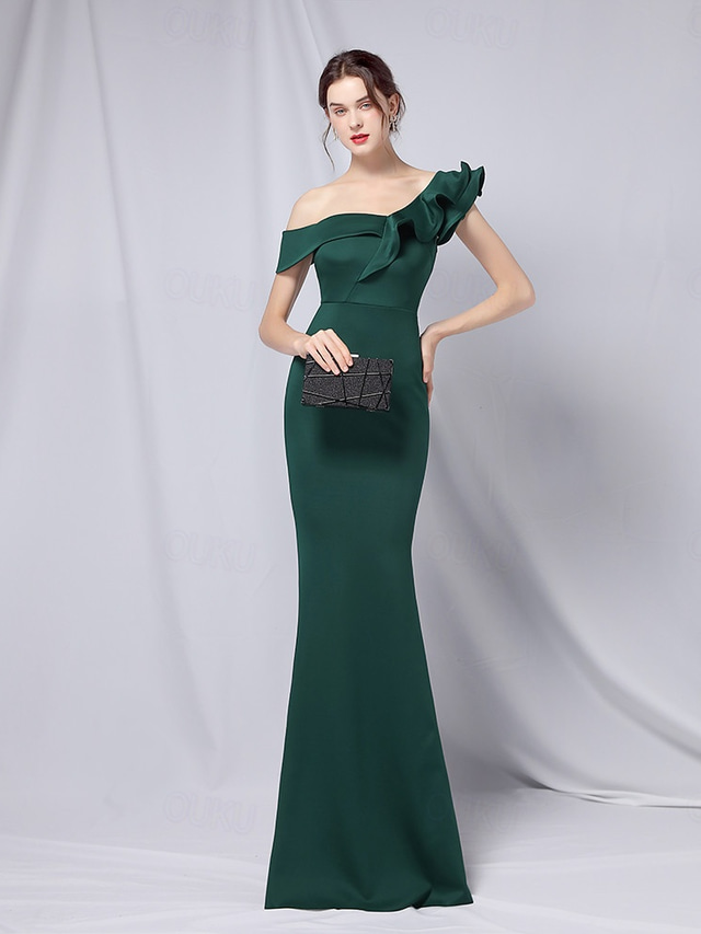  TS Mermaid / Trumpet Evening Gown Elegant Dress Formal Wedding Floor Length 3/4 Length Sleeve One Shoulder Stretch Crepe with Ruffles 2025