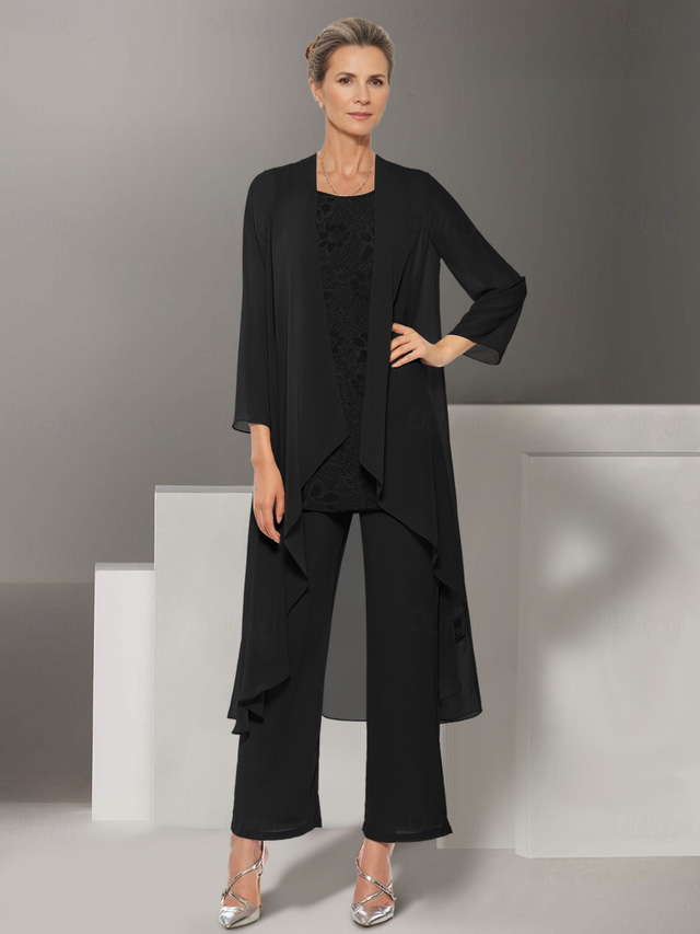  Jumpsuit  Pantalonpak 3 Delen Moeder van de bruid Jurk Strand Bruiloft Elegante Sieraad Hals Vloerlengte Chiffon Lange Mouw Wrap Inclusief met Kant Effen kleur