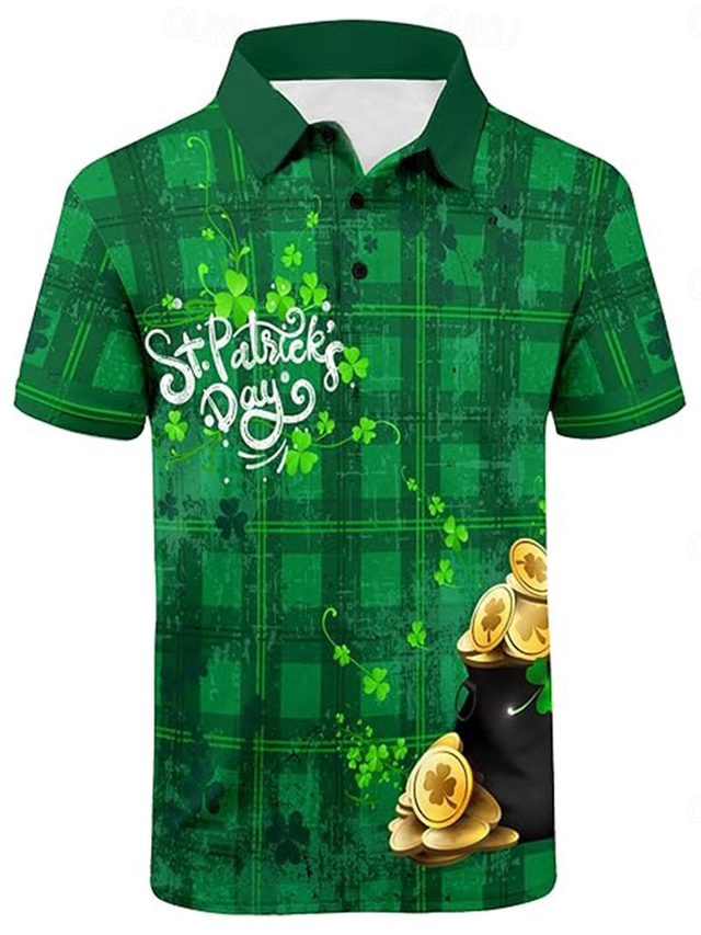  Men's Four Leaf Clover Letter Polo Short Sleeve Polo Shirts Collared Shirts Casual Outdoor Festival Outfit 3D Print Green