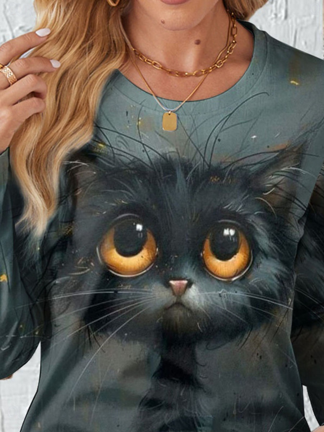  Women's T Shirt Cat Casual Long Sleeve Crew Neck Regular Tops Daily Print Gray Spring Fall
