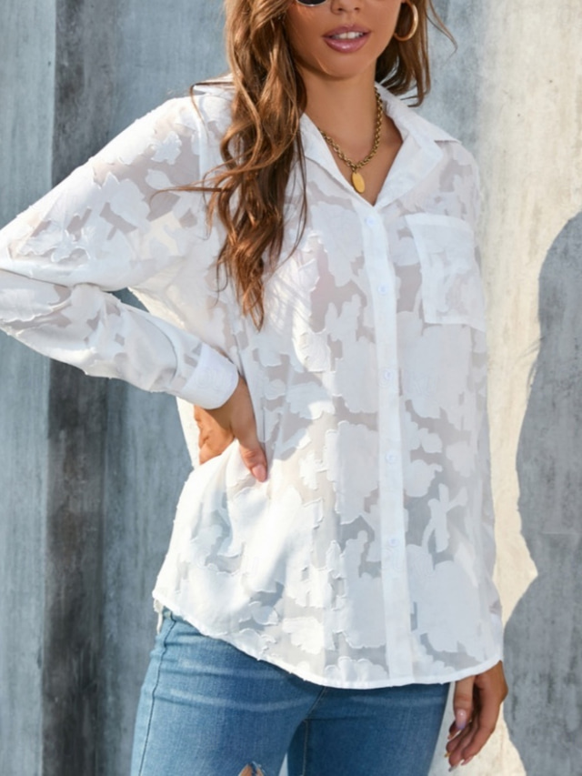  Women's White Elegant Lace Tops Eyelet Blouse Casual Solid Color Regular Tops Long Sleeve Shirt Collar Buttons Pocket Regular Fit Daily Romantic Petite Tops Summer Holiday Wear White Yellow Purple