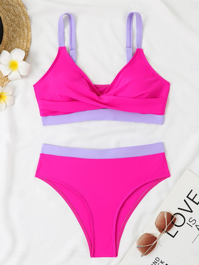  Women's Swimwear Bikini Cheeky Swimsuit Backless Patchwork Sexy Color Block V Neck Sleeveless Bathing Suits