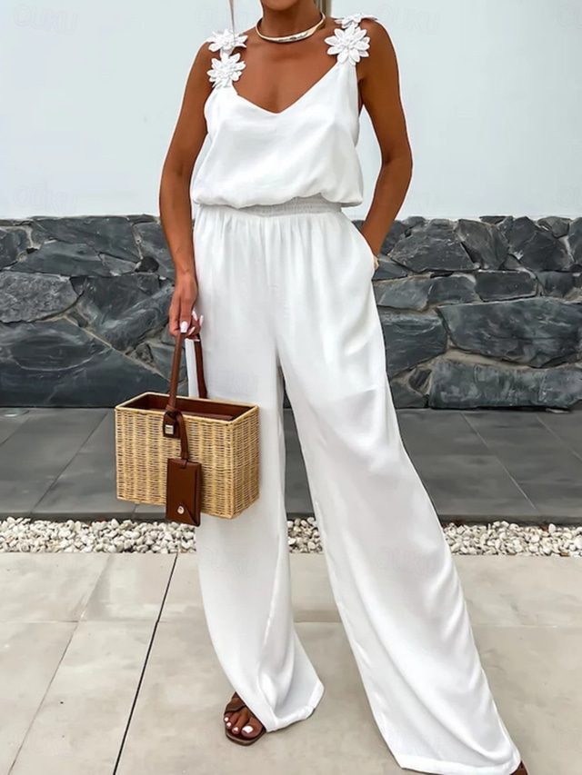  Women's Normal Jumpsuit Active Solid Color Sleeveless V Neck Pocket Vacation Daily Regular Fit Black White Red Summer