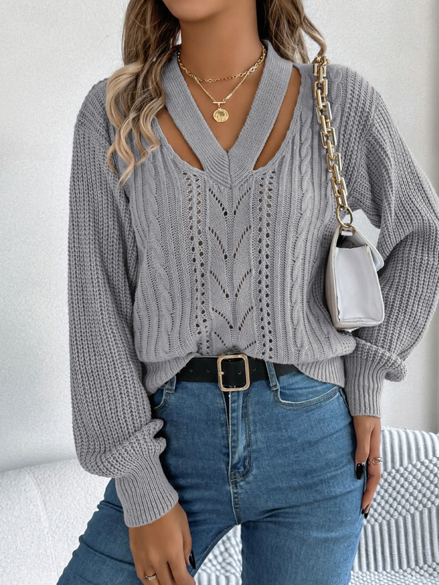  Women's Sweater Casual Soft Pure Color Ribbed V Neck Knitted Hole Long Sleeve Regular Tops Knit Outdoor Daily Weekend White Orange Fall Winter