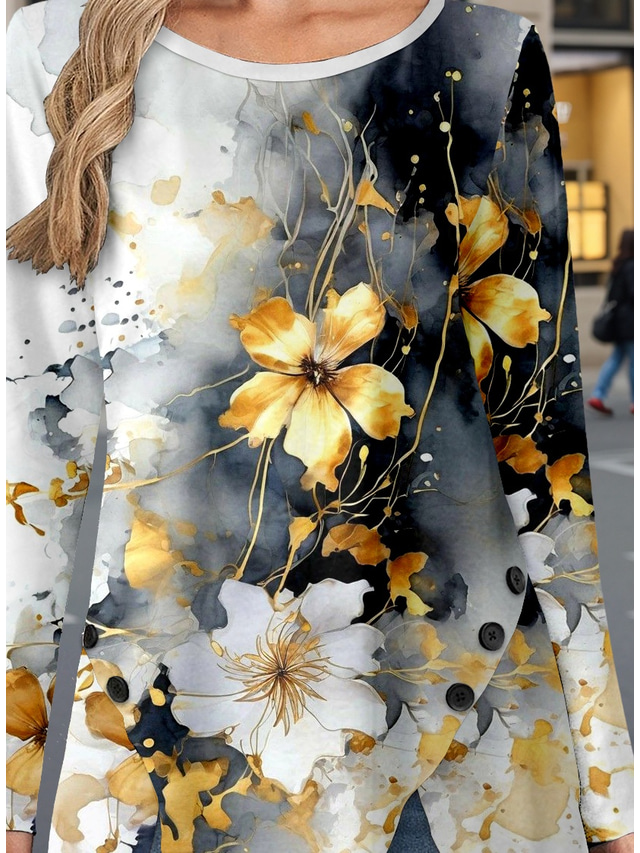  Dames T-shirt Bloemig Casual Lange mouw Strakke ronde hals Normale tops Dagelijks Knop Afdrukken Assymmetrisch Grijs Lente Herfst