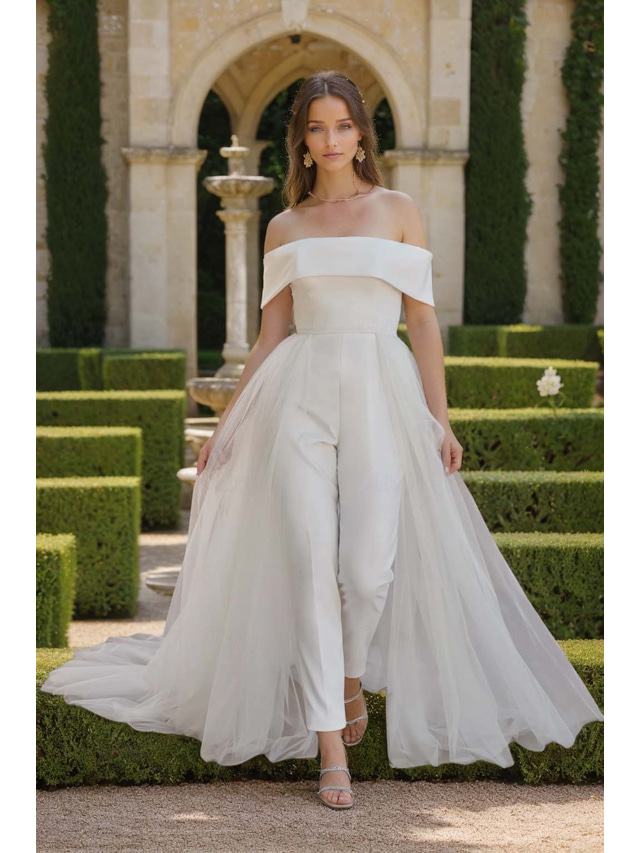  Crepe Wedding Jumpsuit Bustier Off Shoulder With Detachable Skirt Ankle Length Stretch Fabric Bridal Gowns With Solid Color