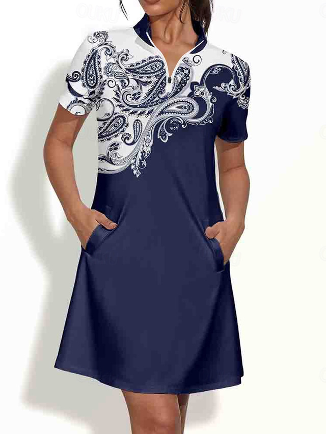  Women's Golf Dress Black Short Sleeve Sun Protection Dress Paisley Ladies Golf Attire Clothes Outfits Wear Apparel