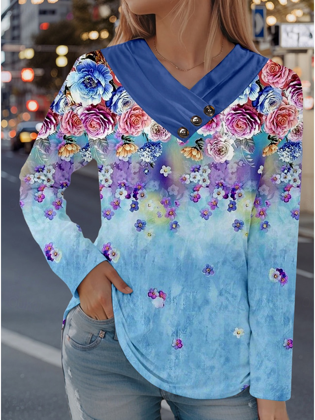  Damen T Shirt Blumen Stilvoll Brautkleider schlicht Langarm V Ausschnitt Normale Oberteile Täglich Knopf Bedruckt Blau Frühling Herbst