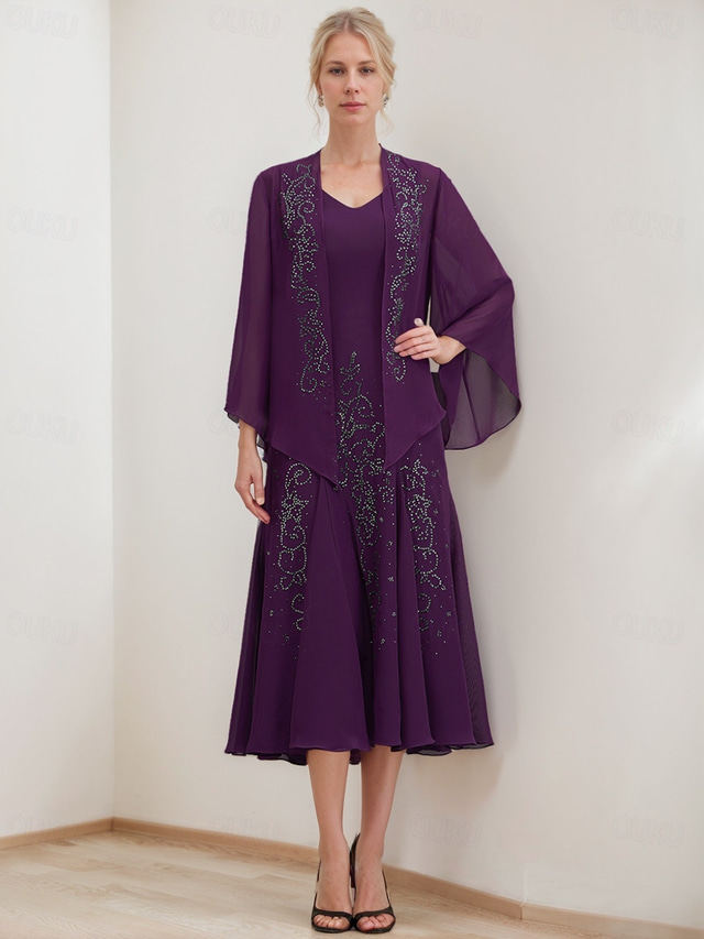  Kaksiosainen A-linjainen mekko puku morsiamen äidin mekko elegantti vintage kimalteleva ja kiiltävä V-kaula-aukko tee-pituus sifonkia 3/4-pituiset hihat laskoksilla paljeteilla