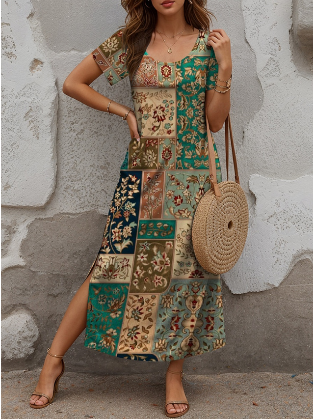  Women's Maxi Dress Casual Dress Boho Chic Dresses Maxi Dress Sundress Bohemia Cute Stylish Vacation Daily Beach Regular Fit Graphic Short Sleeve Crew Neck Green Summer Spring