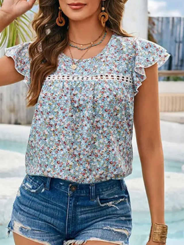  Women's T Shirt Floral Fashion Modern Casual Short Sleeve Crew Neck Regular Tops Daily Weekend Ruffle Print Light Blue Summer Spring