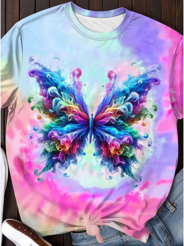  Women's T Shirt Butterfly Tie Dye Casual Short Sleeve Round Neck Regular Tops Daily Print Purple Summer