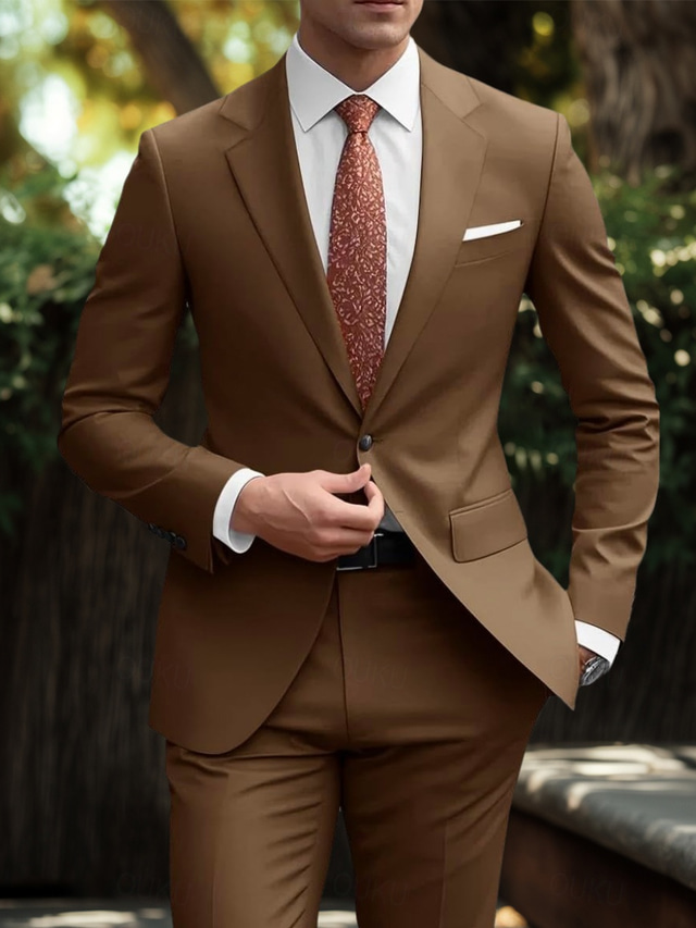  Men's Wedding Business Suits Brown Solid Colored 2 Piece Business Formal Standard Fit Single Breasted One-button 2024