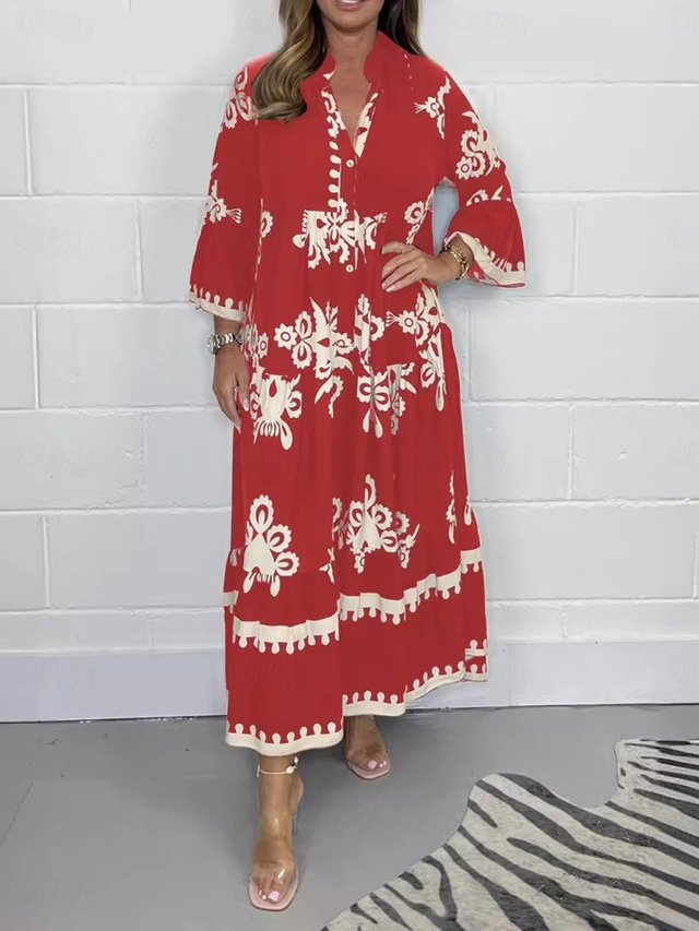  Women's Maxi Dress Casual Dress Boho Chic Dresses Boho Dress Bohemia Stylish Casual Vacation Daily Beach Loose Fit Graphic 3/4 Length Sleeve V Neck Black Red Green Beige Summer Spring