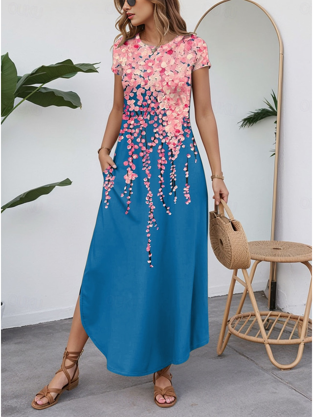  Women's Maxi Dress Casual Dress Vintage Vacation Regular Fit Floral Short Sleeve Crew Neck Blue Summer