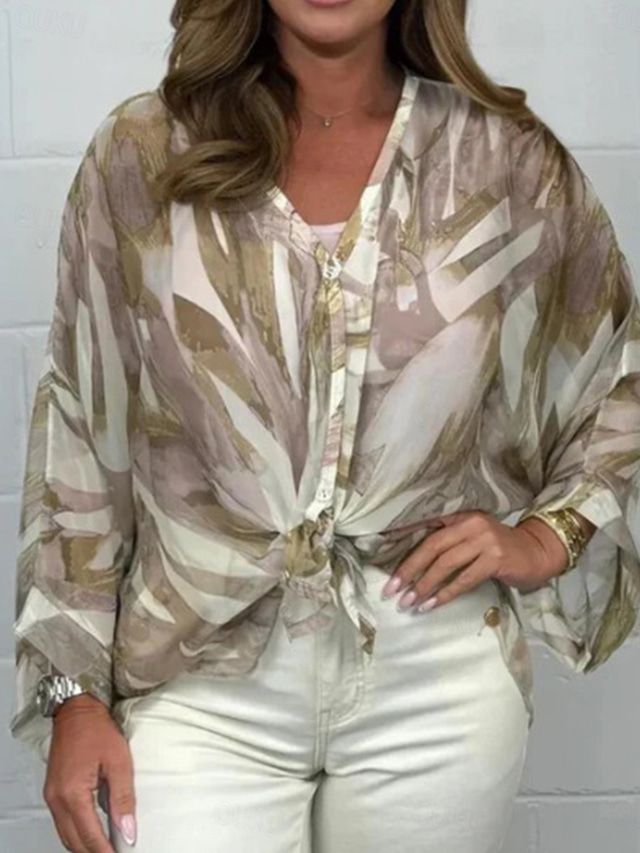  Women's Shirt Blouse Floral Stylish Casual Long Sleeve V Neck Regular Tops Daily Buttons Print Black Red Blue Khaki Spring Fall
