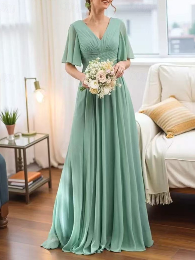  A-Line Bridesmaid Dress V Neck Short Sleeve Open Back Floor Length Chiffon / Spandex with Ruffles / Draping / Ruching 2022