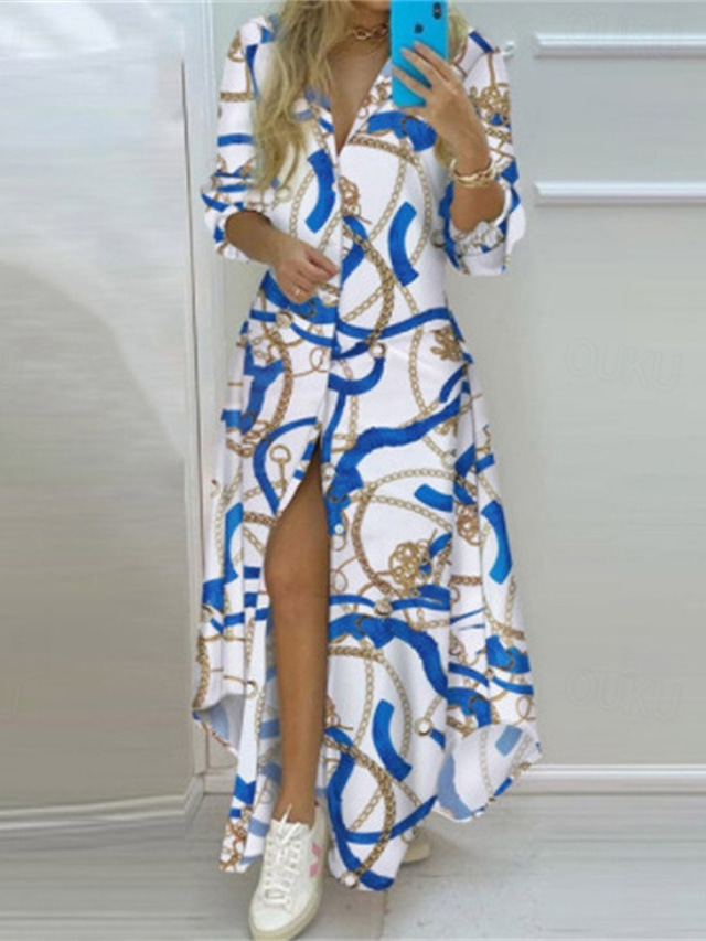 Women's Long Dress Maxi Dress Shirt Dress Casual Dress Floral Dress Summer Dress Stylish Casual Vacation Daily Date Regular Fit Floral Long Sleeve Lapel Pink Navy Blue Summer Spring